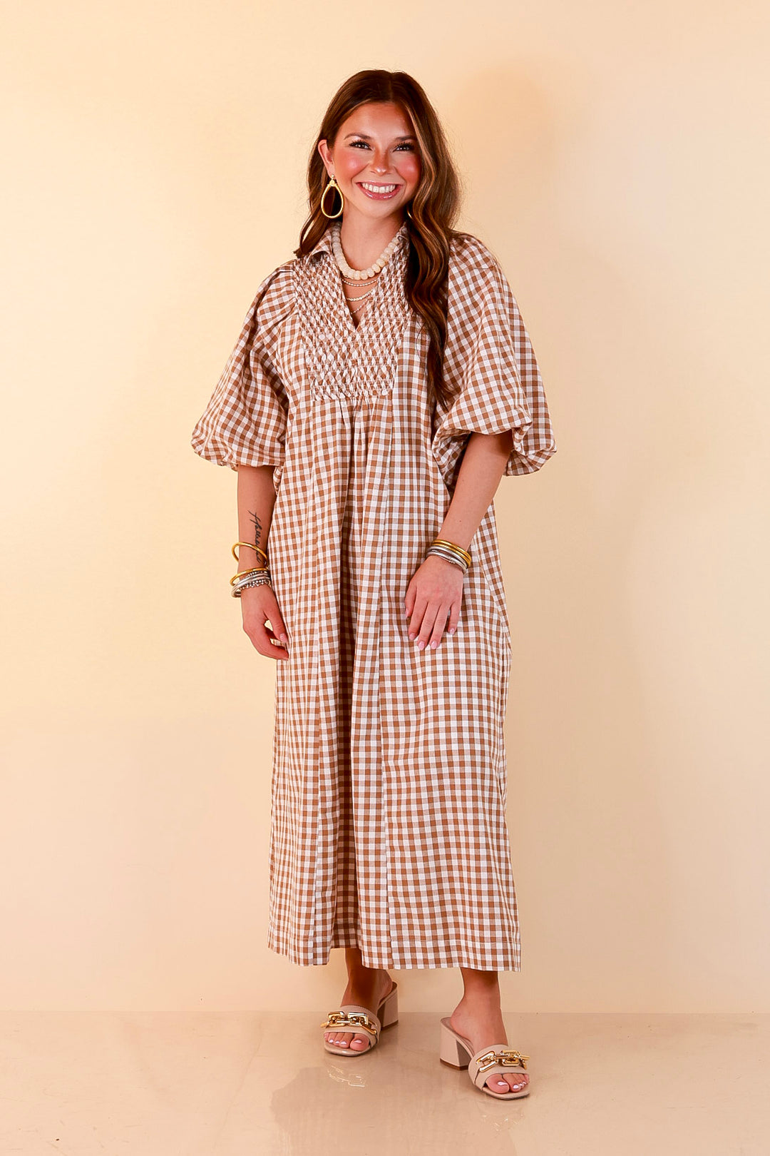All Eyes on You Smocked Yoke Puff Sleeve Gingham Print Maxi Dress in Camel Brown and Ivory