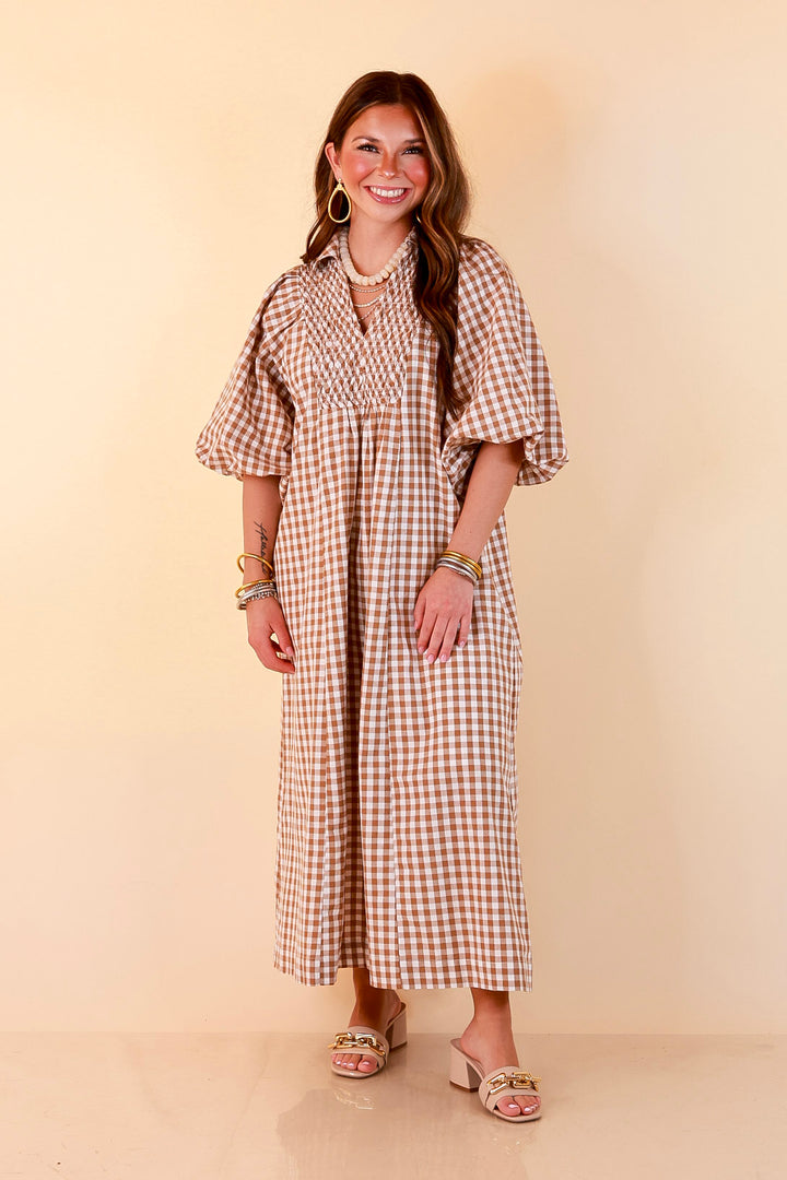 All Eyes on You Smocked Yoke Puff Sleeve Gingham Print Maxi Dress in Camel Brown and Ivory