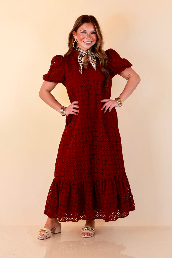 Meet Me at Sunset Eyelet Lace Puff Sleeve Tiered Maxi Dress in Maroon