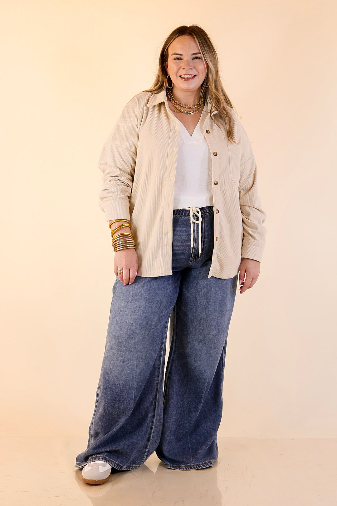 Captivating Cuteness Corduroy Button Up Shacket in Cream