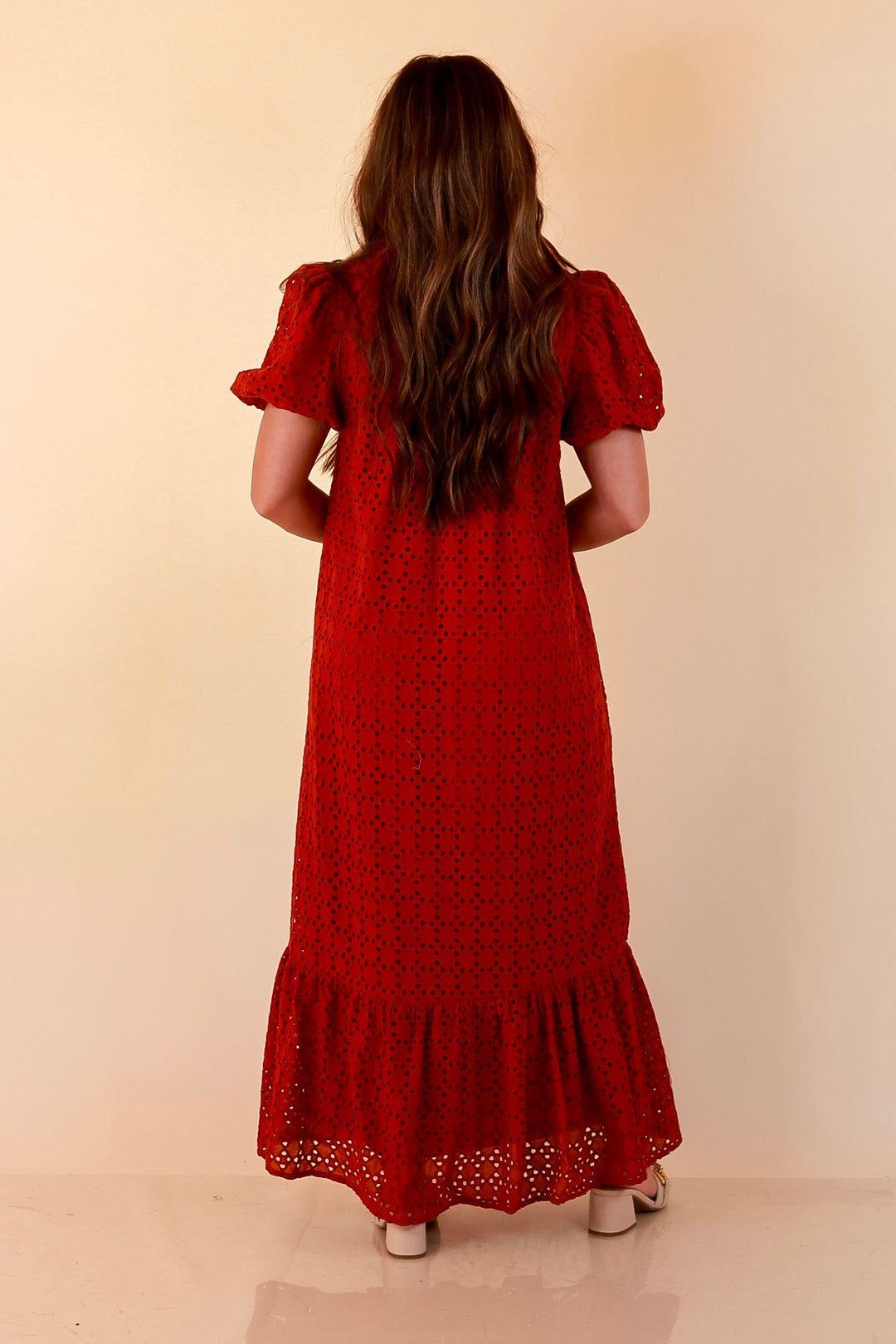 Meet Me at Sunset Eyelet Lace Puff Sleeve Tiered Maxi Dress in Rust Red