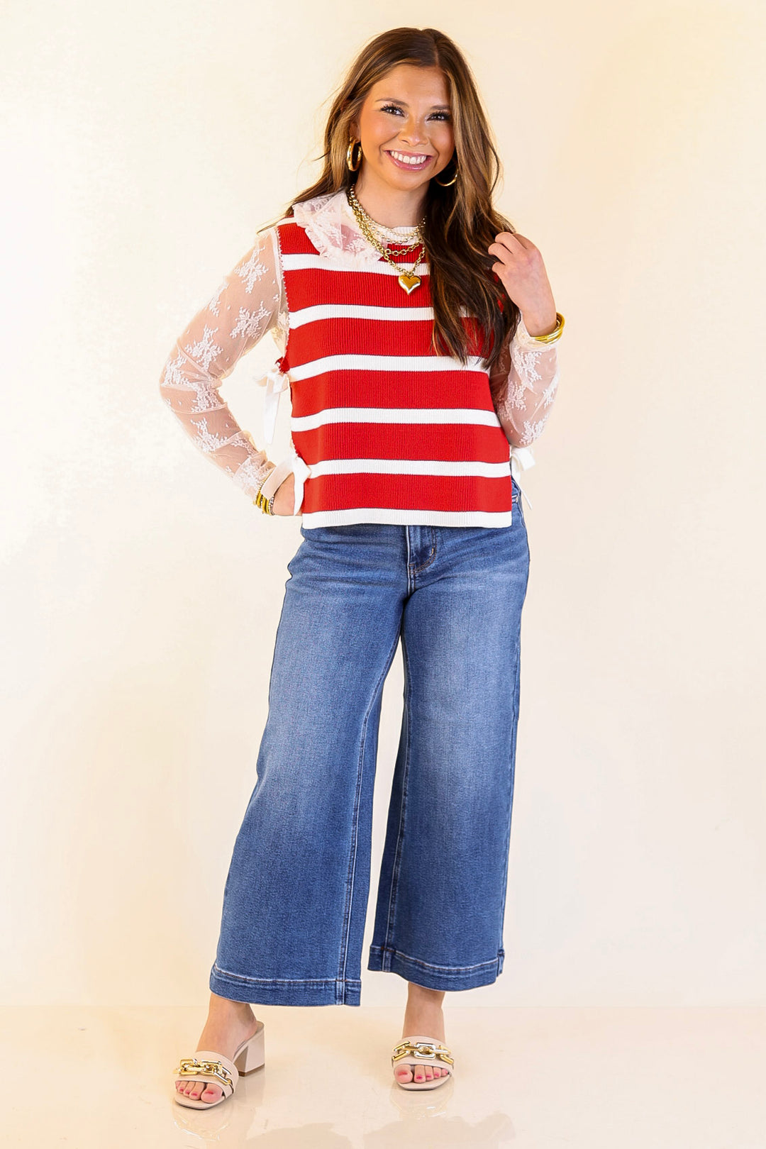 Tied Up in Style Knit Sweater with Side Ties in Red with Off White Stripes