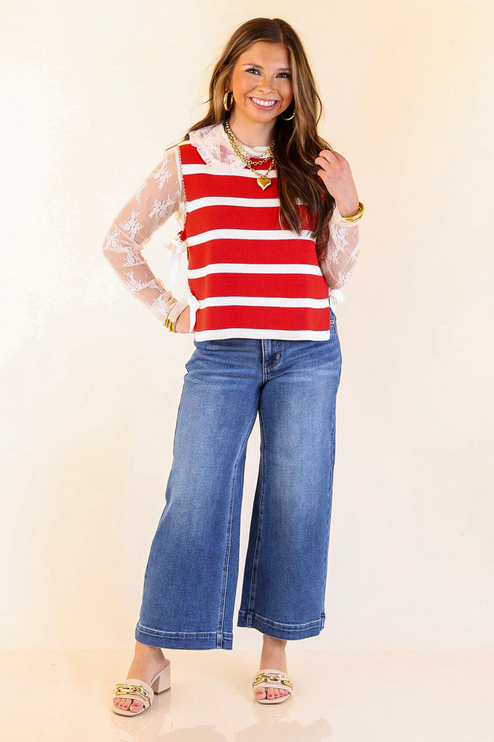 Tied Up in Style Knit Sweater with Side Ties in Red with Off White Stripes