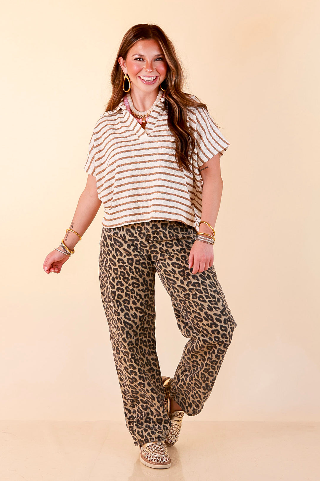 Simply Said Striped Drop Shoulder Collared Cropped Top in Ivory with Camel Brown Stripes