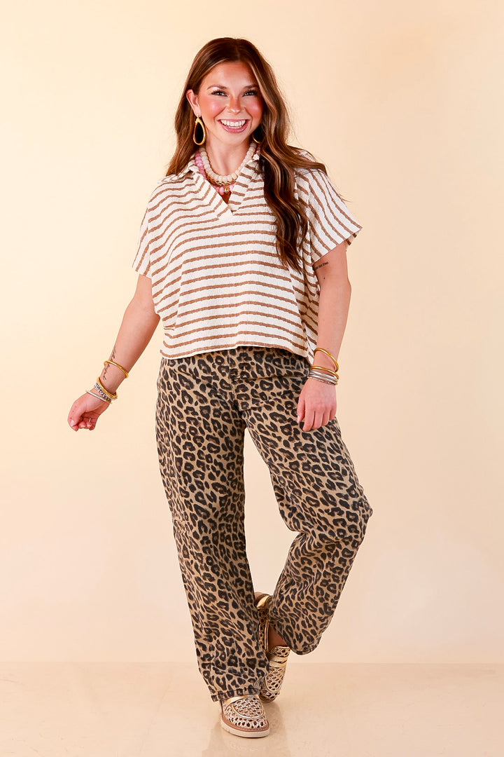 Simply Said Striped Drop Shoulder Collared Cropped Top in Ivory with Camel Brown Stripes