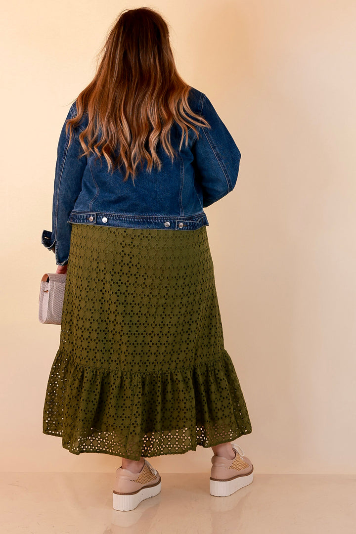 Meet Me at Sunset Eyelet Lace Puff Sleeve Tiered Maxi Dress in Olive Green