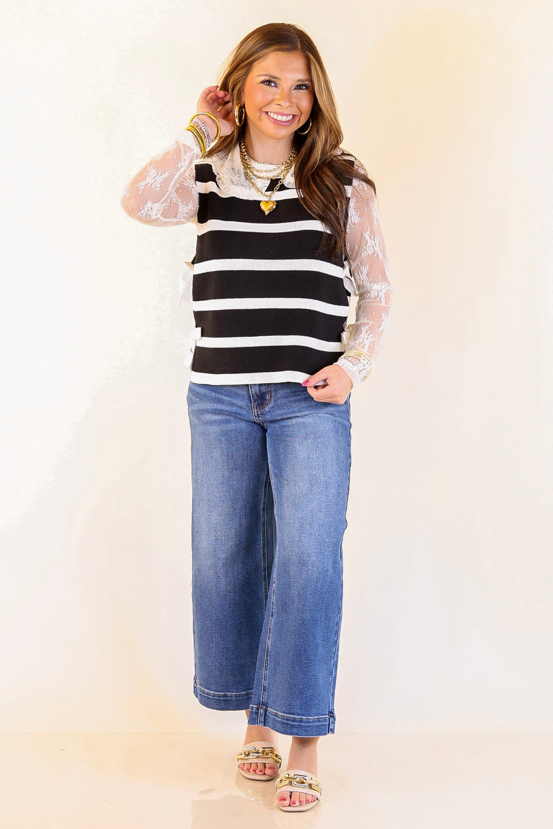 Tied Up in Style Knit Sweater with Side Ties in Black with Off White Stripes