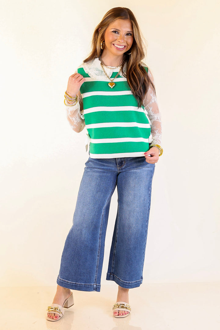 Tied Up in Style Knit Sweater with Side Ties in Kelly Green with Off White Stripes