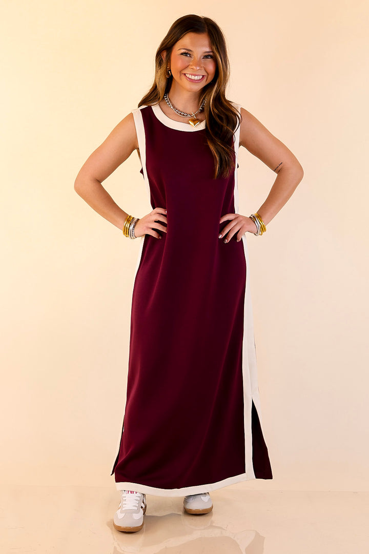 Chic Direction Solid Sleeveless Knit Midi Dress with Ivory Trim in Maroon