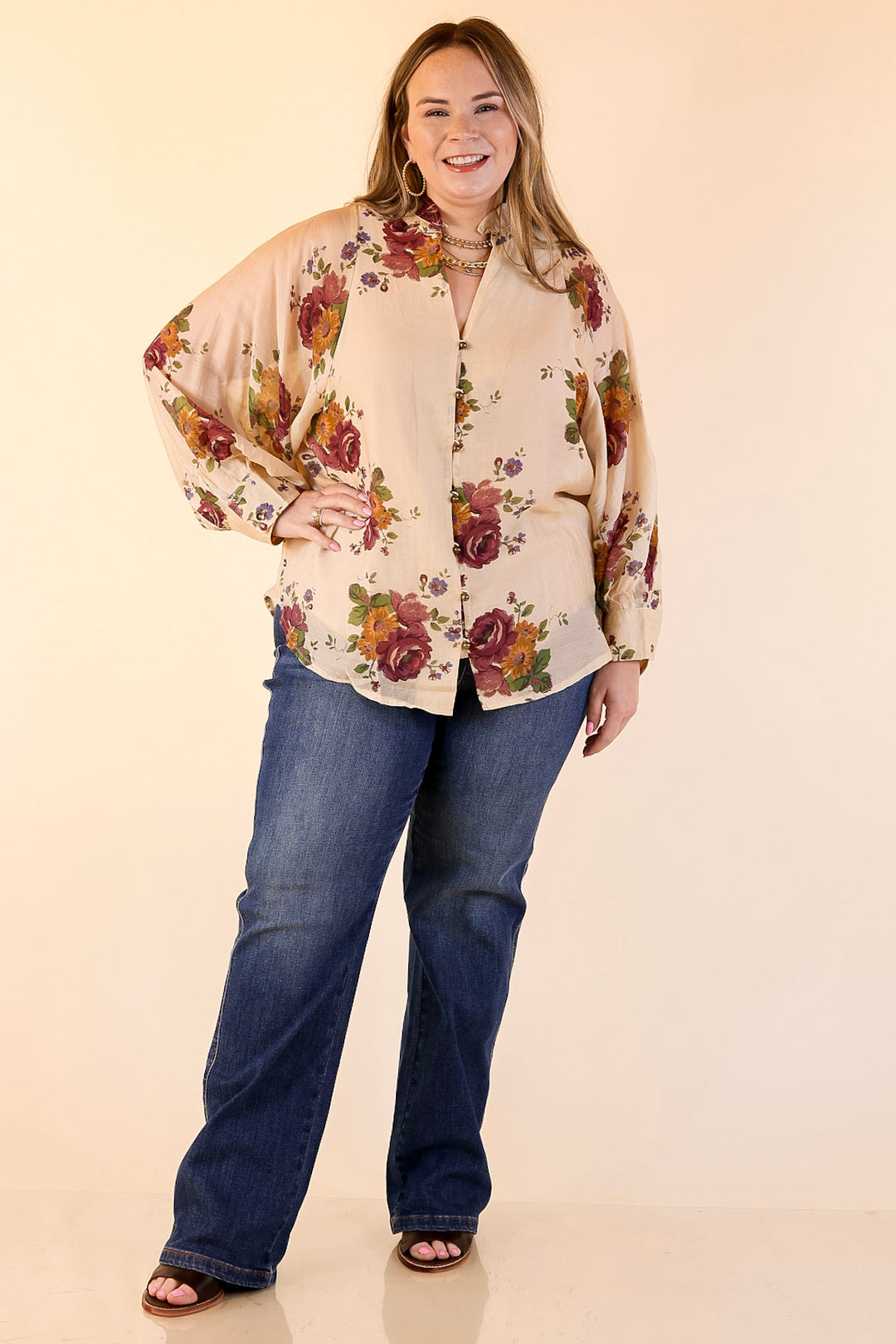 Garden Stroll Floral Long Sleeve Button Down Top in Cream