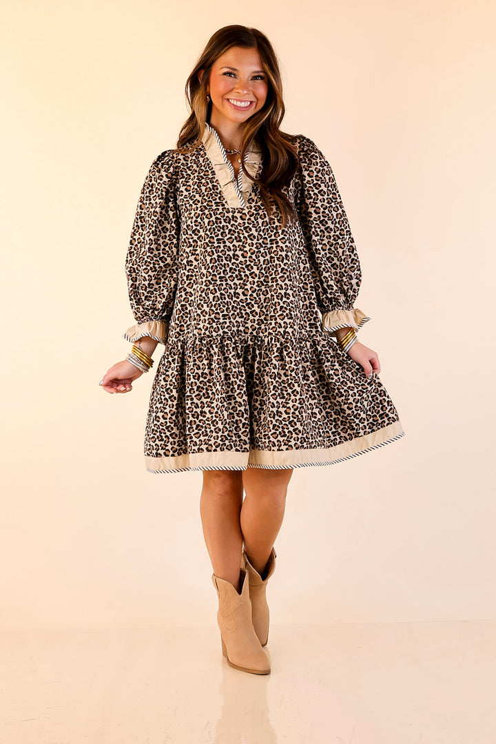 Fierce Intentions 3/4 Sleeve Leopard Print Babydoll Dress with Ruffle Detailing in Taupe