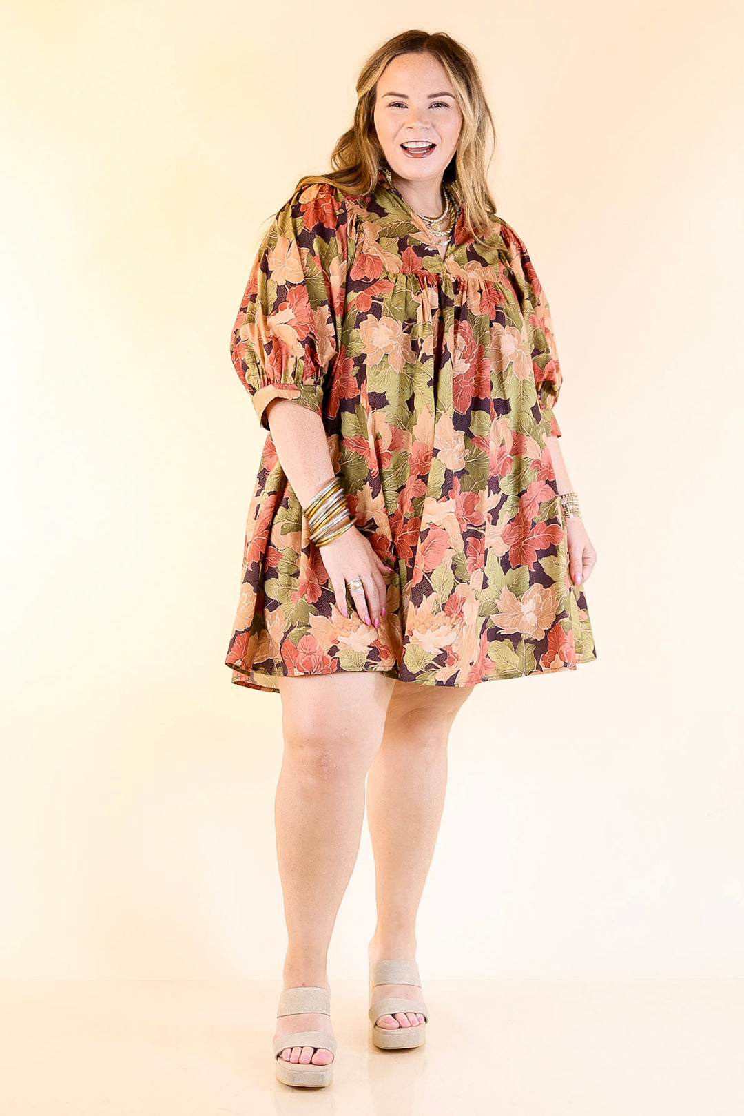 Endless Possibilities Floral Babydoll Dress with Puff Sleeves in Beige, Navy and Rust