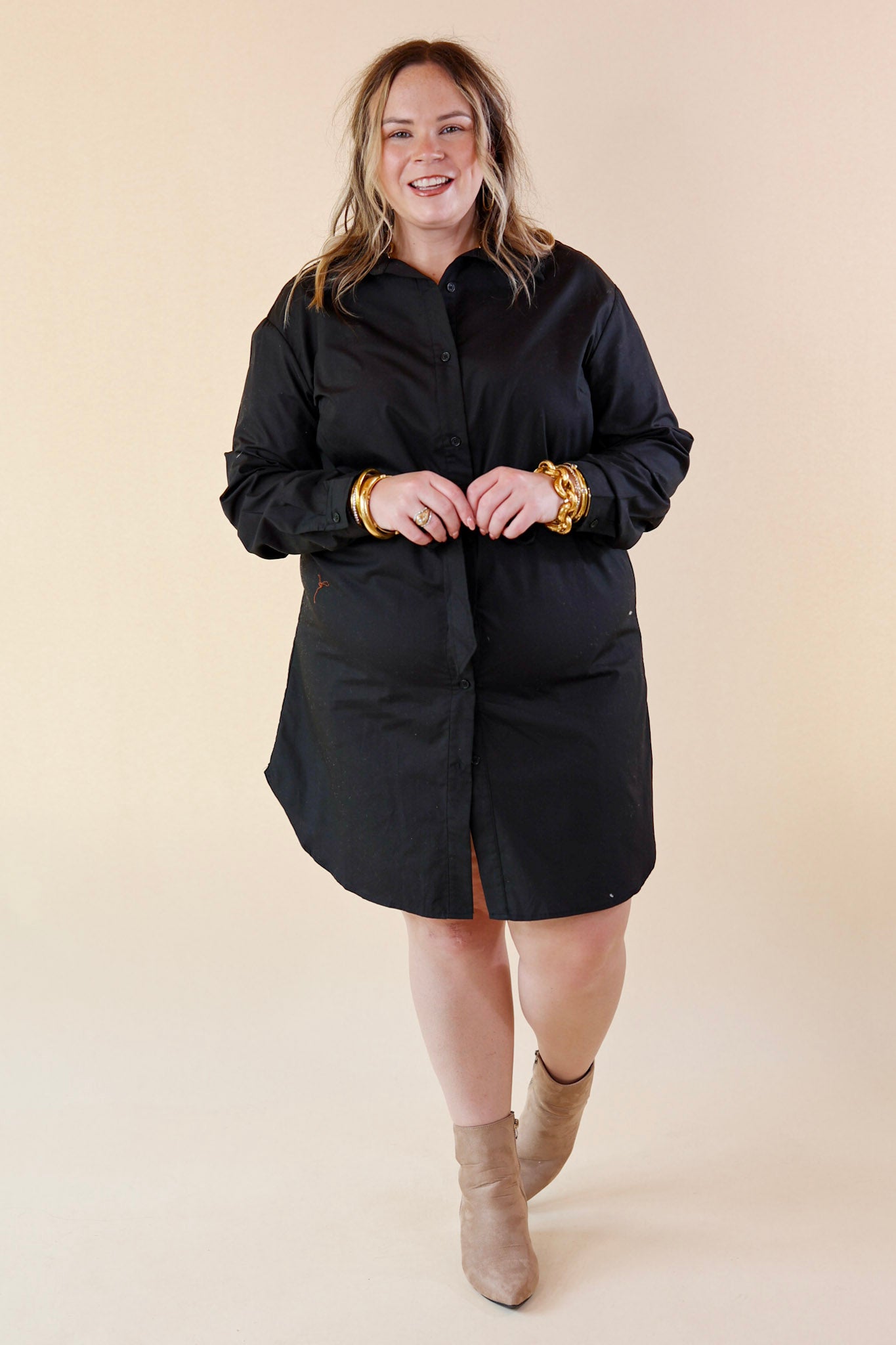 Keeps Getting Better Button Up Dress with Collared Neckline in Black - Giddy Up Glamour Boutique