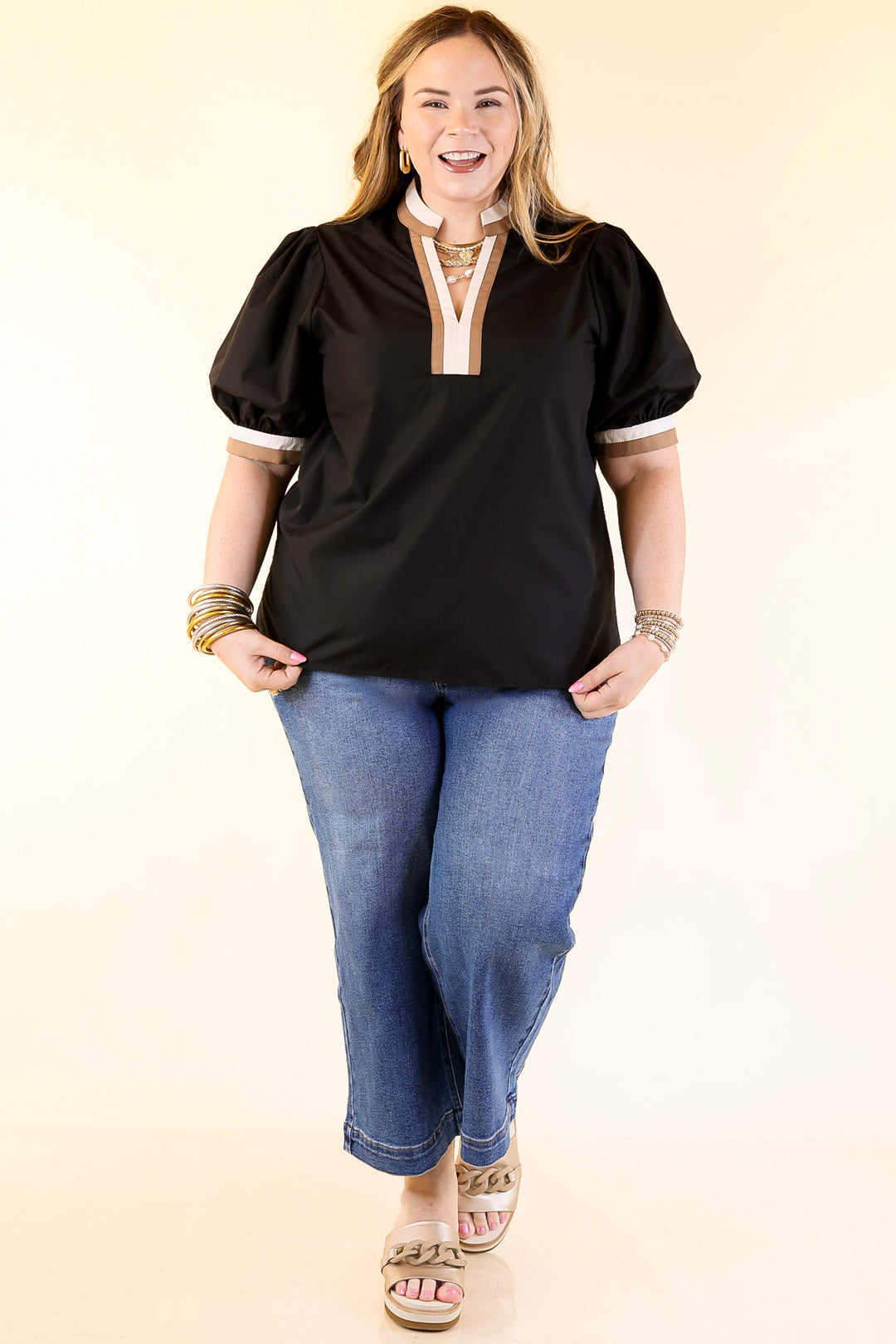 Standout Style V Neck Top with Short Balloon Sleeves and Natural Color Trim in Black