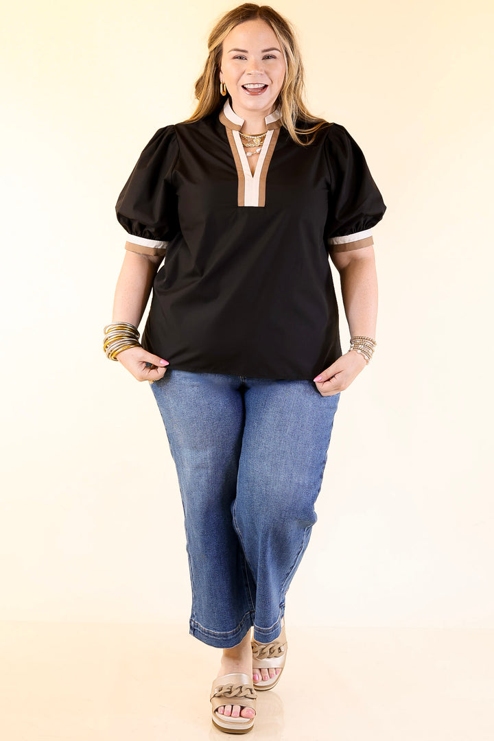Standout Style V Neck Top with Short Balloon Sleeves and Natural Color Trim in Black