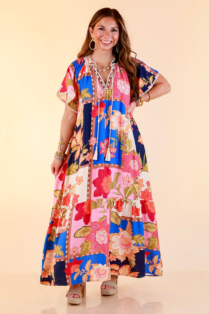 Patchwork Poise Floral Patchwork Print Midi Dress with Tassel Tie Neckline and Flutter Sleeves in Blue Mix