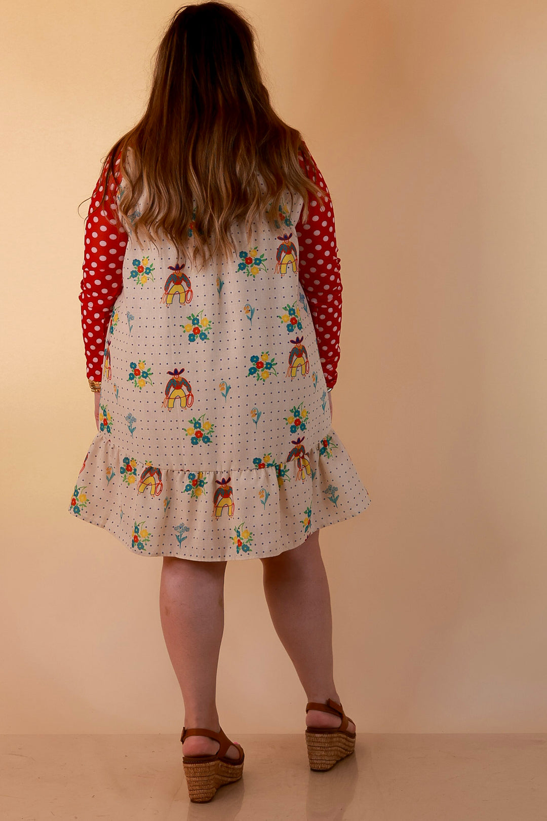 The Showstopper Sleeveless Pearl Snap Cowboy, Floral and Polka Dot Print Ruffle Dress with Sailor Collar and Cowboy Embroidery in Cream