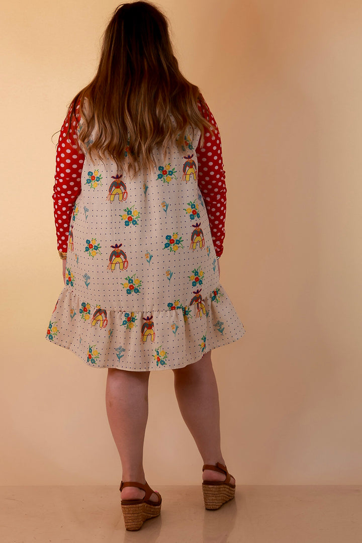 The Showstopper Sleeveless Pearl Snap Cowboy, Floral and Polka Dot Print Ruffle Dress with Sailor Collar and Cowboy Embroidery in Cream