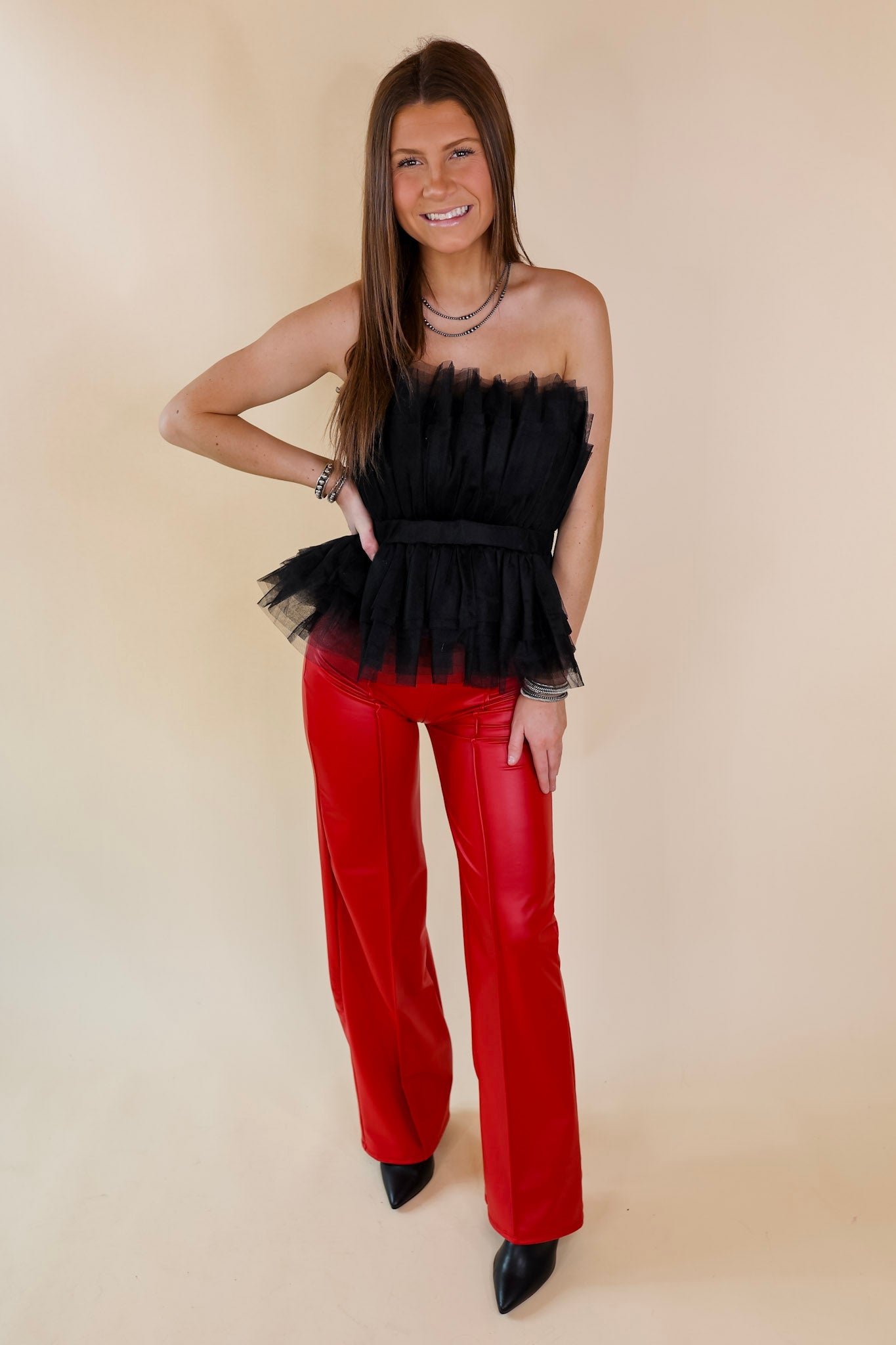 Advice For You Straight Leg Faux Leather Straight Leg with Front Seam in Red - Giddy Up Glamour Boutique
