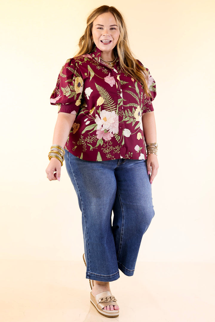 First Glance Button Up Puff Sleeve Floral Print Top in Maroon