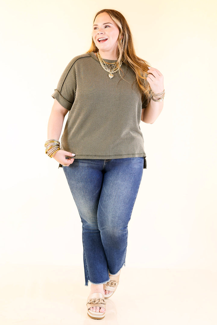 Daily Perfection Scoop Neck Short Sleeve Ribbed Top in Olive Green