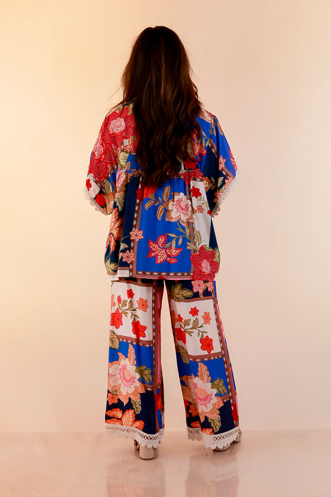 Patchwork Flair Floral Patchwork Print Wide Leg Pants with Lace Trim in Blue Mix