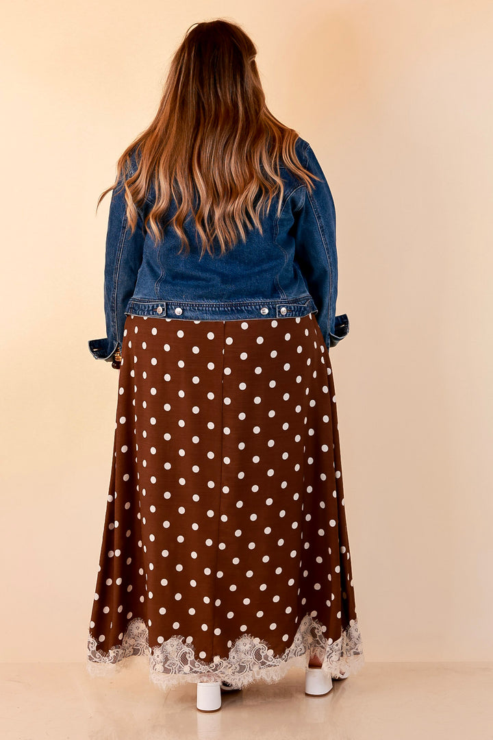 Sweet Little Something Polka Dot Sleeveless Maxi Dress with Lace Trim in Chocolate Brown