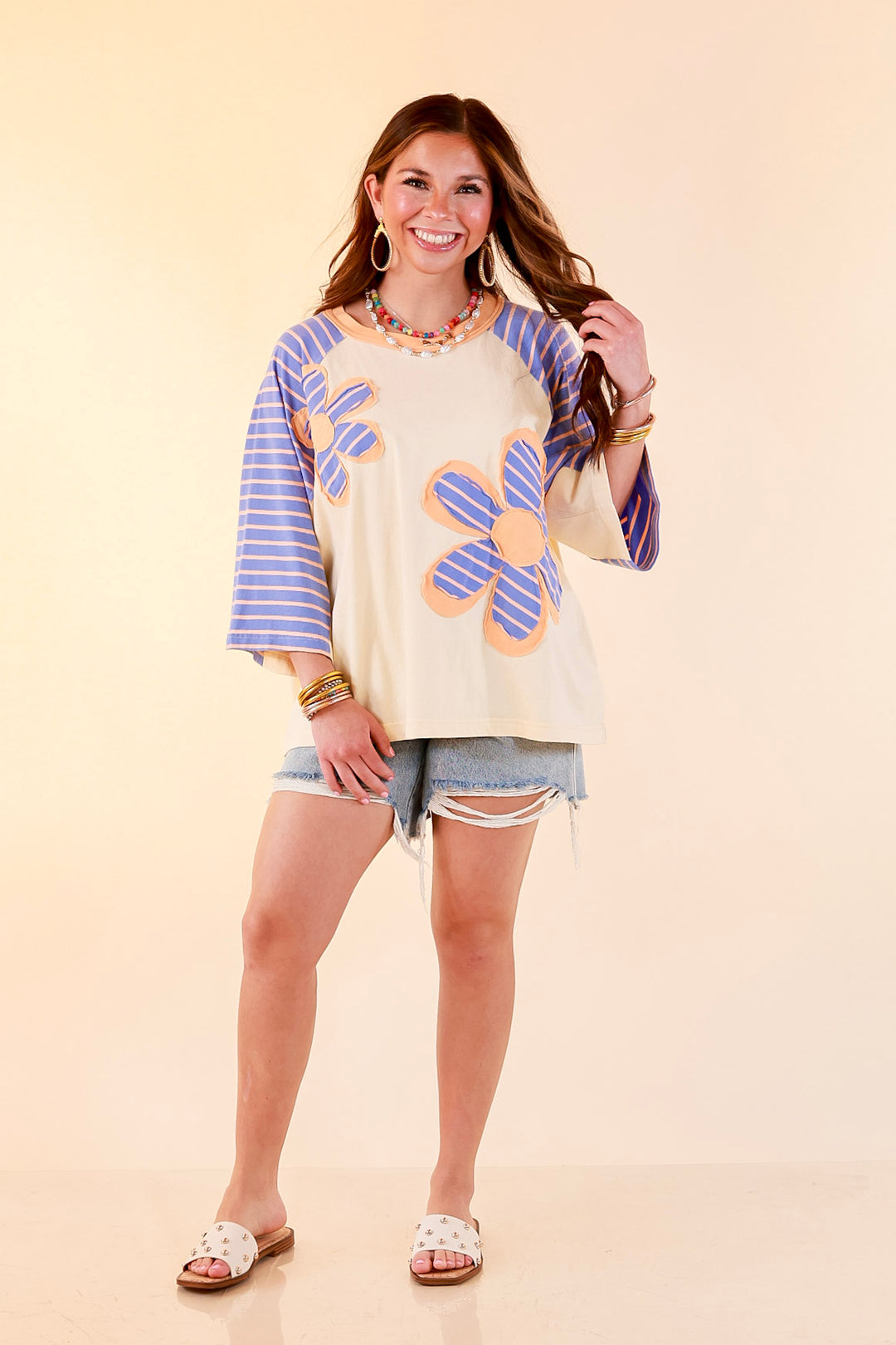 Bloom in Color Floral and Stripe Print Relaxed Short Sleeve Top with Contrast Sleeves in Cream