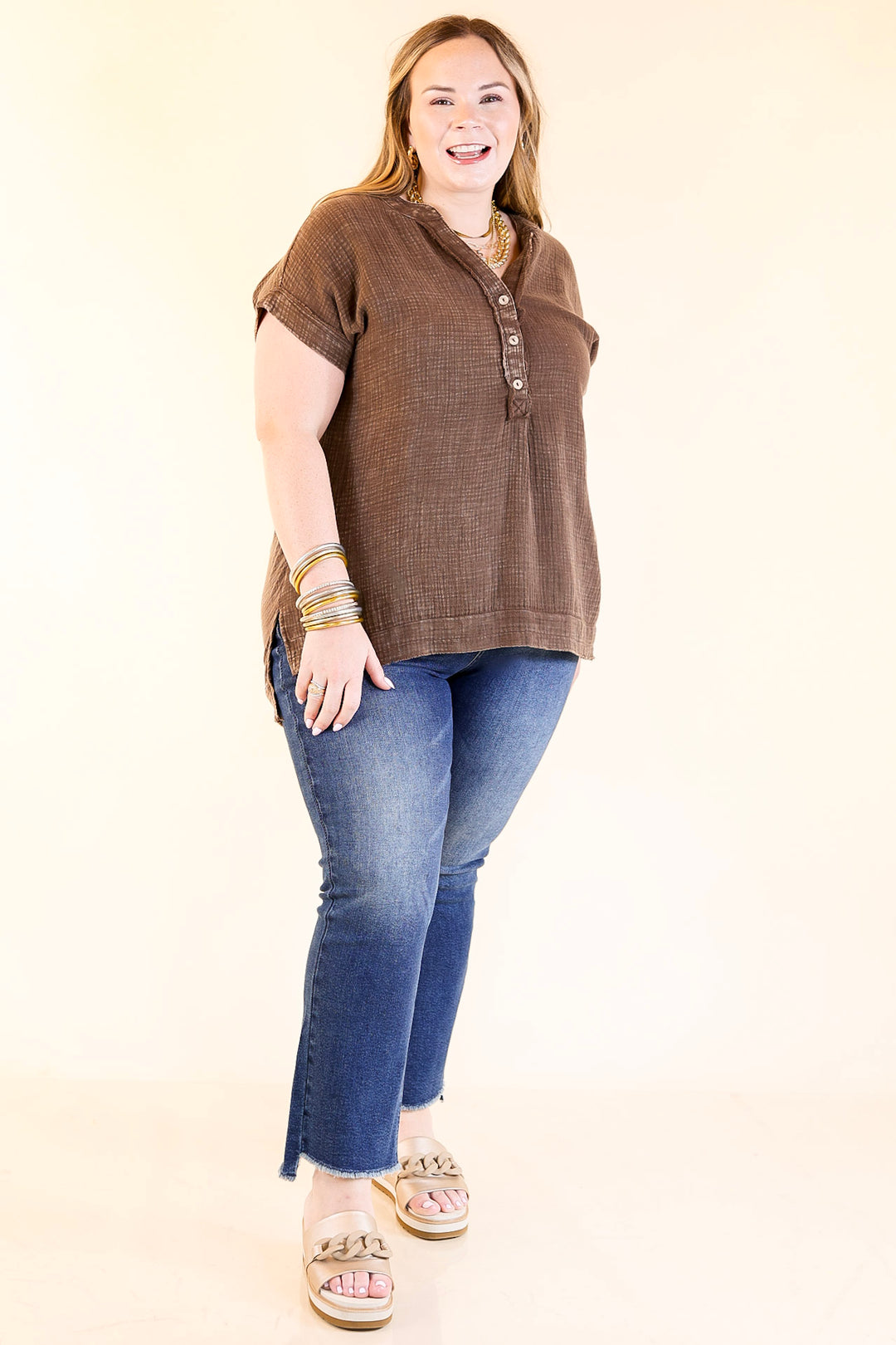 Simple Statement Quarter Button Up Short Drop Sleeve Shirt in Brown