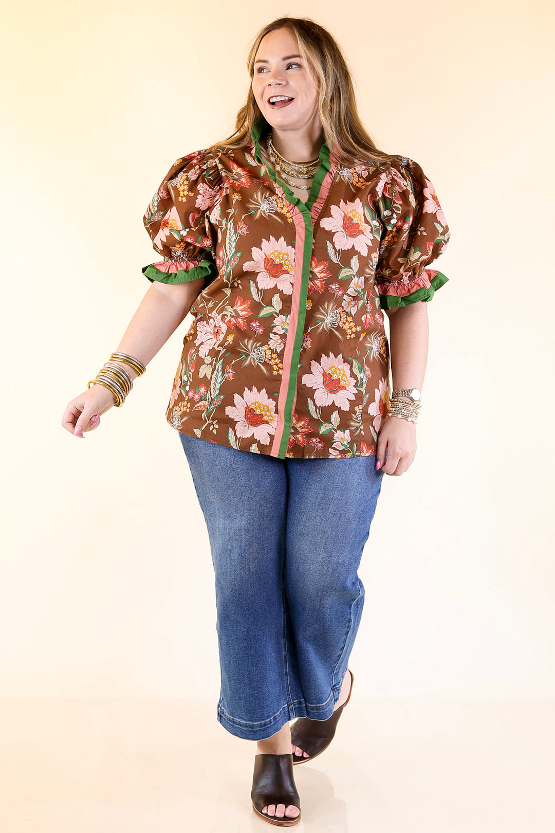 Endless Elegance Ruffled V Neck Floral Print Top in Brown, Mauve and Green