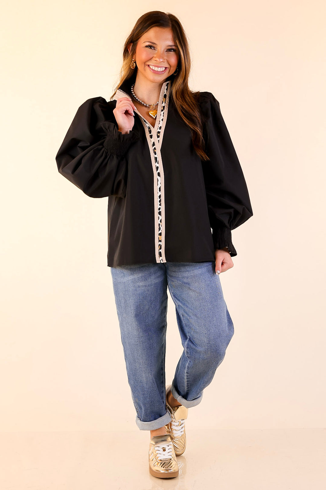 Trimmed in Style Puff Long Sleeve Blouse with Contrast Leopard Trim and Ruffle in Black