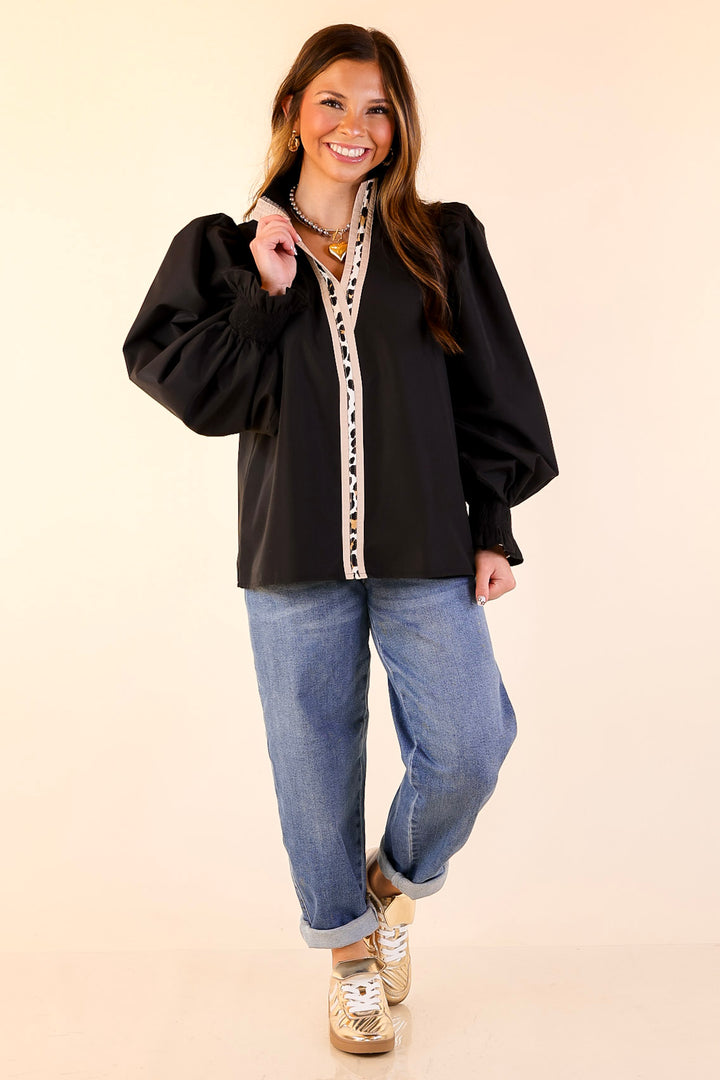Trimmed in Style Puff Long Sleeve Blouse with Contrast Leopard Trim and Ruffle in Black