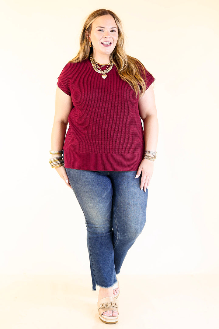 Style Refresh Drop Shoulder Short Sleeve Knit Sweater Top in Maroon