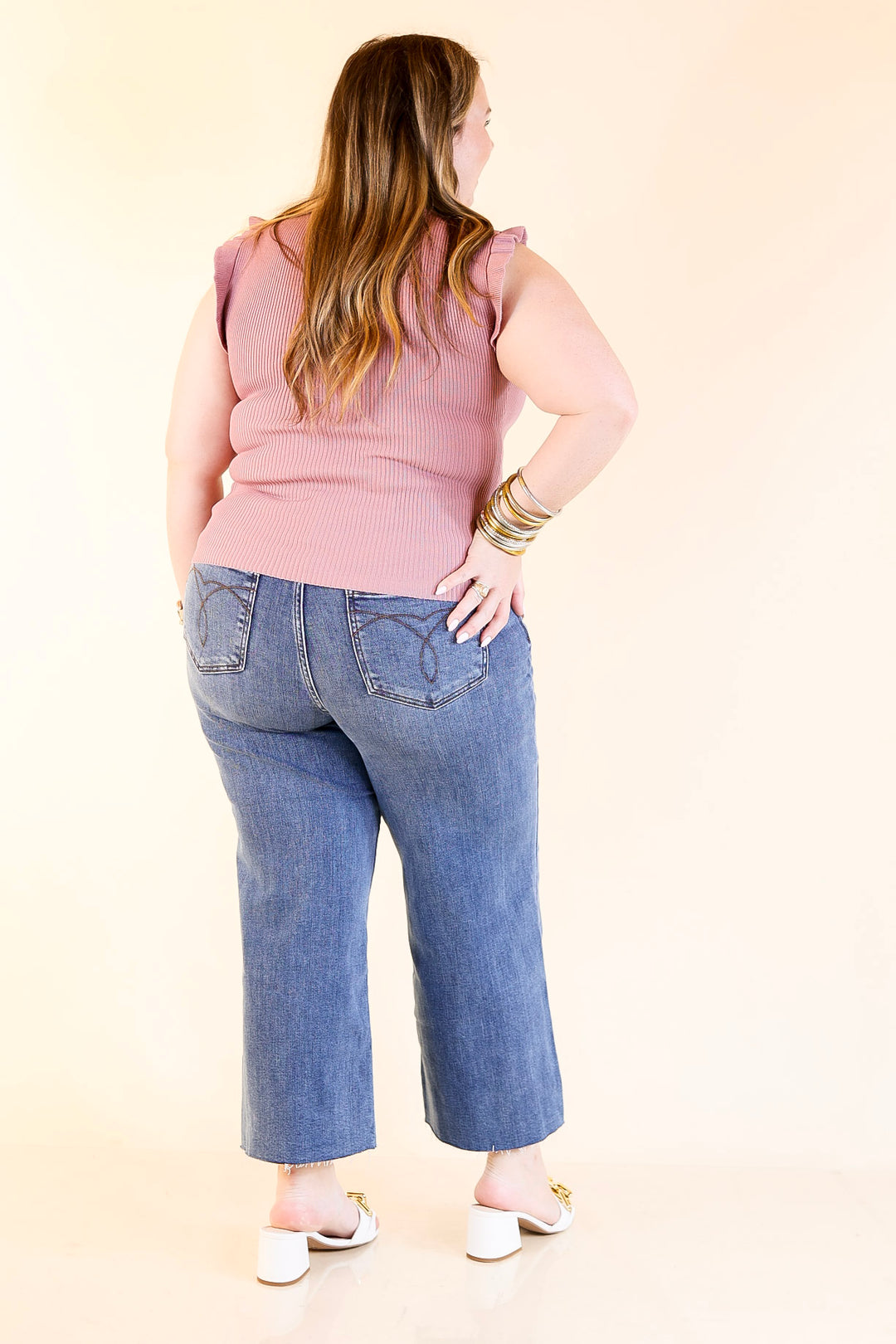 Flirty Frill Scoop Neck Top with Ruffle Sleeves in Mauve Pink