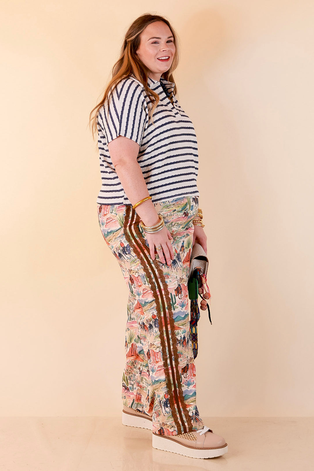 Simply Said Striped Drop Shoulder Collared Cropped Top in Ivory with Denim Blue Stripes
