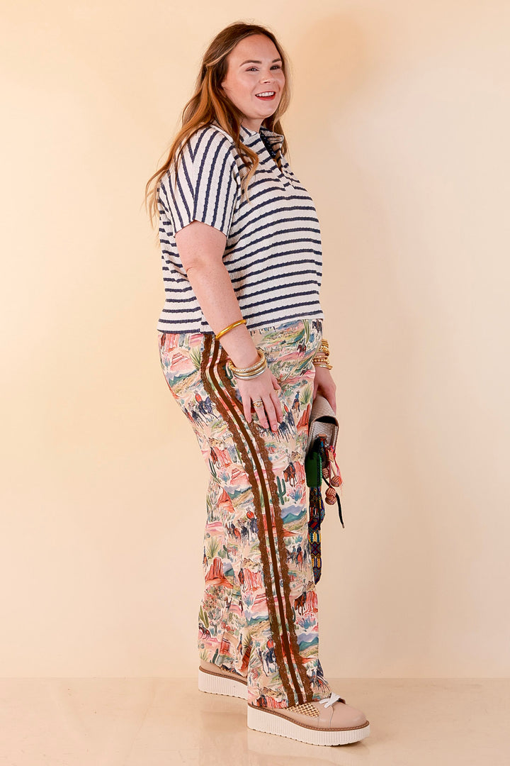 Simply Said Striped Drop Shoulder Collared Cropped Top in Ivory with Denim Blue Stripes