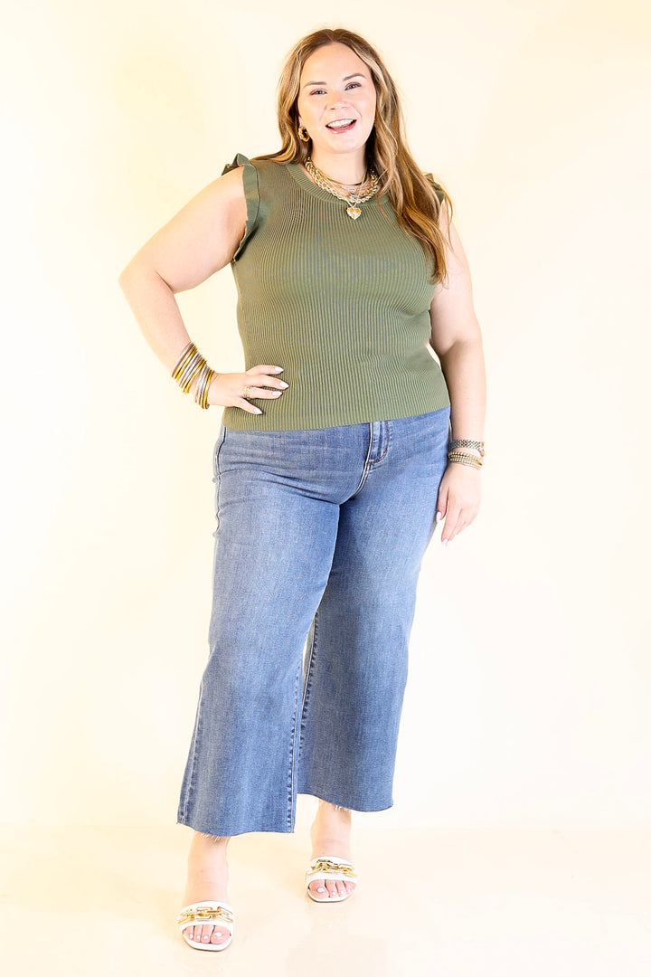 Flirty Frill Scoop Neck Top with Ruffle Sleeves in Olive Green