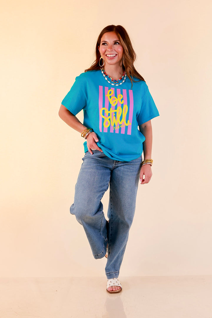 Faithfully Still "Be Still" Psalm 46:10 Stripe Print Short Sleeve Graphic Tee in Turquoise Blue