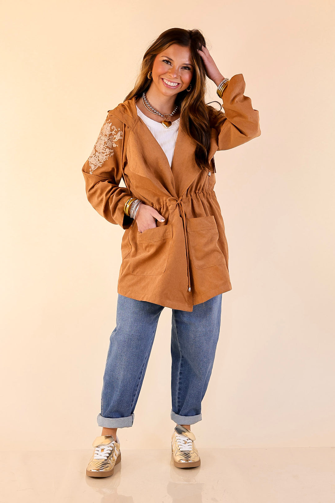 Fill Up Your Cup Embroidered Suede Utility Jacket in Tan