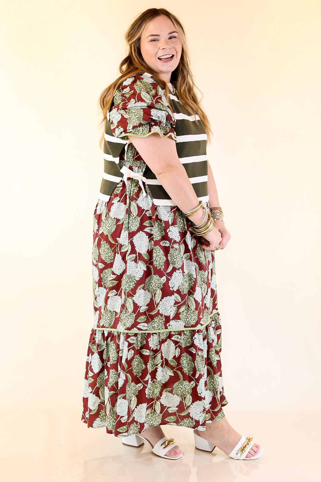 Tied Up in Style Knit Sweater with Side Ties in Olive Green with Off White Stripes