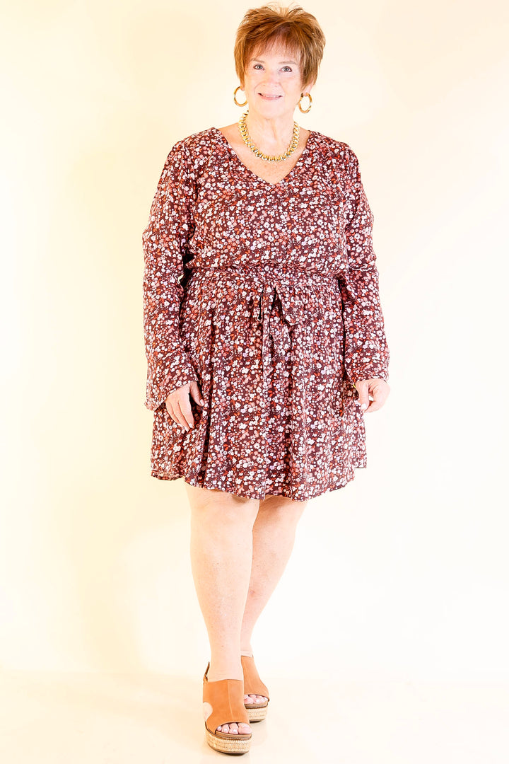 Bliss And Beyond Long Sleeve Floral Dress with Tie Waist in Maroon