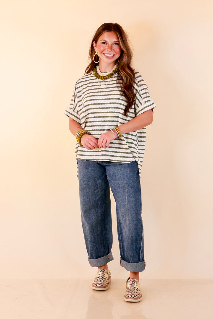 On The Daily Scoop Neck Short Sleeve Striped Textured Top in Olive Green