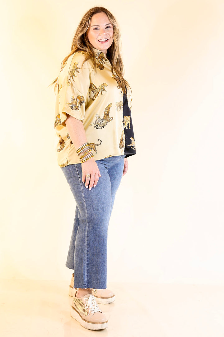 All Eyes On Me Button Up Cheetah Print Blouse Top in Black and Gold
