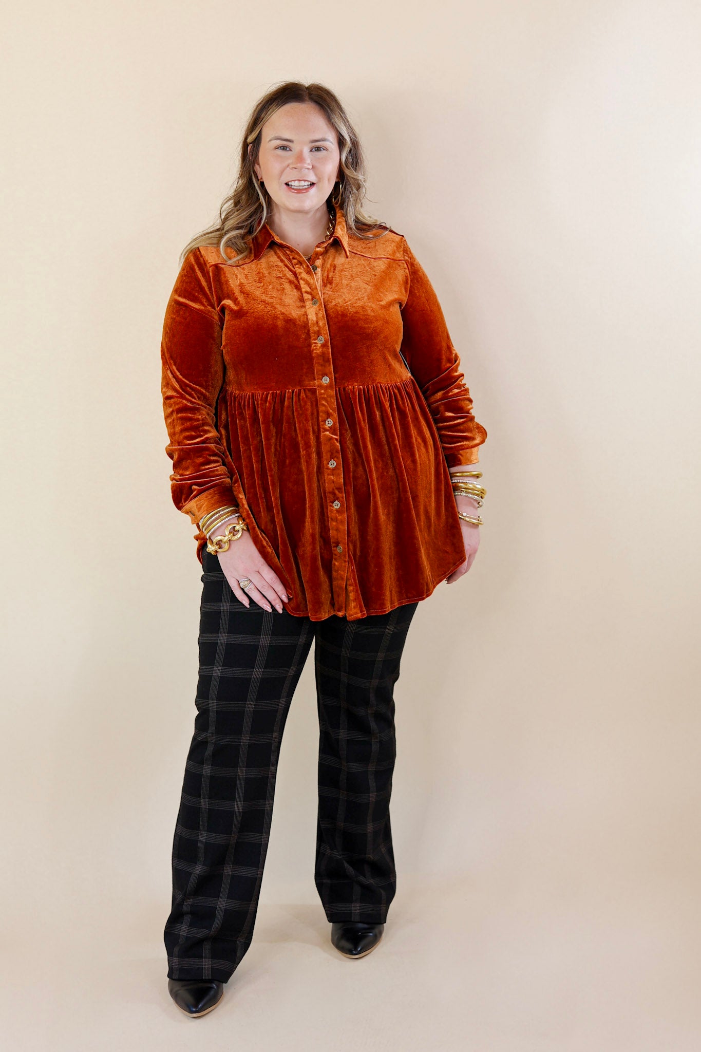 Call Me Yours Button Up Velvet Long Sleeve Babydoll Tunic Top in Burnt Orange - Giddy Up Glamour Boutique
