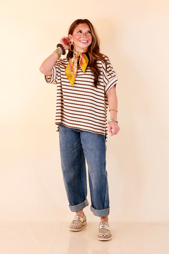 On The Daily Scoop Neck Short Sleeve Striped Textured Top in Chocolate Brown
