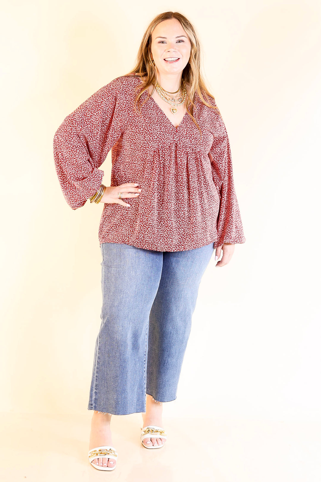 Really Dreamy Small Leopard Print Babydoll Top with Long Sleeves in Burgundy Red