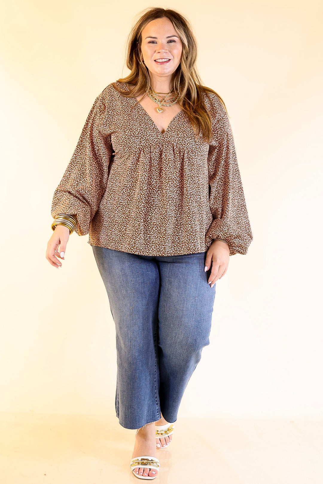Really Dreamy Small Leopard Print Babydoll Top with Long Sleeves in Brown