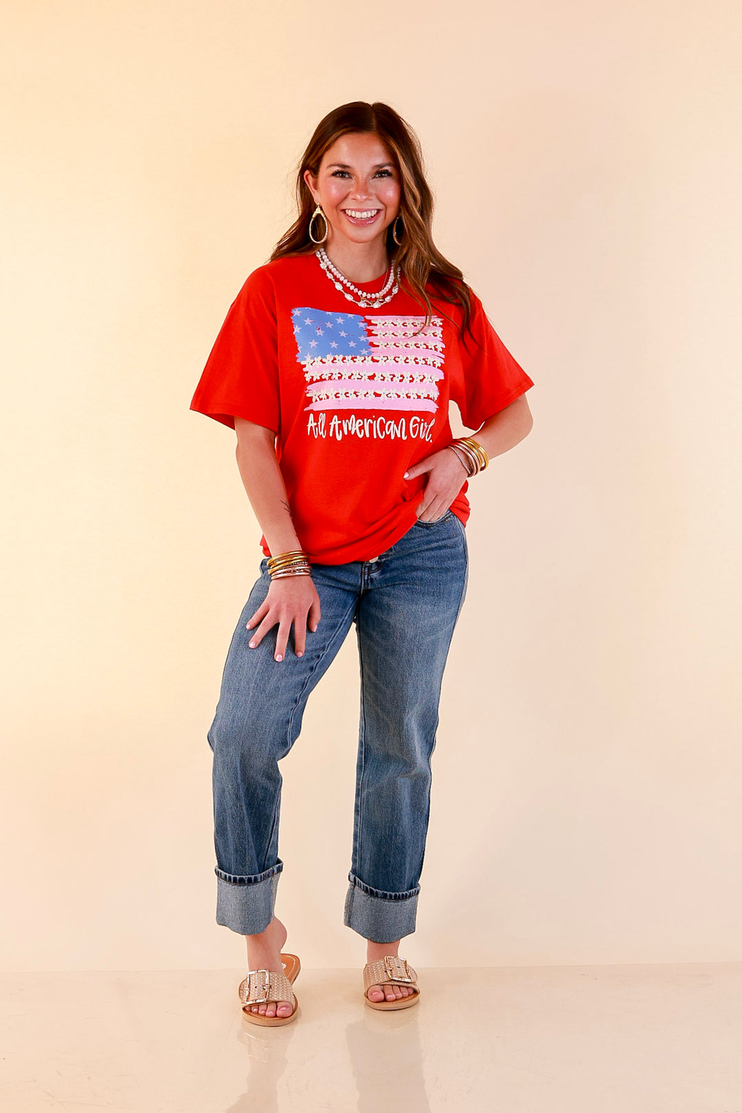 All American Darling USA Floral Flag Coquette Short Sleeve Graphic Tee with Bow Detailing in Red