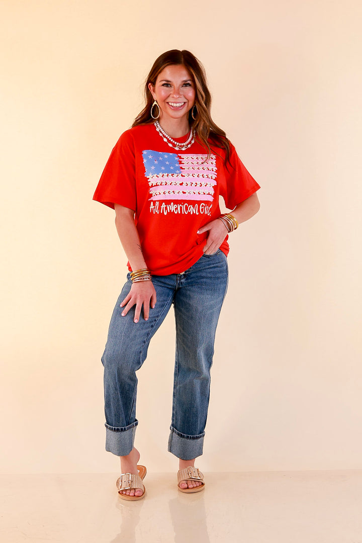 All American Darling USA Floral Flag Coquette Short Sleeve Graphic Tee with Bow Detailing in Red