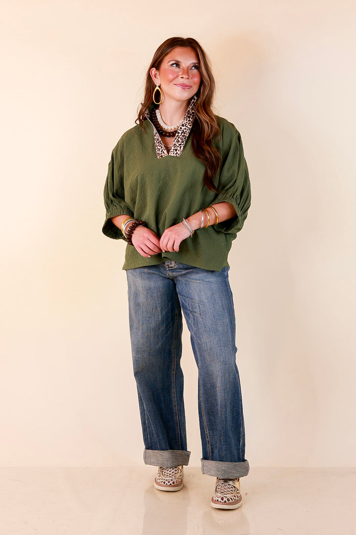 Naturally Chic Textured Poncho Top with Leopard Trim Details and Dolman Sleeves in Olive Green